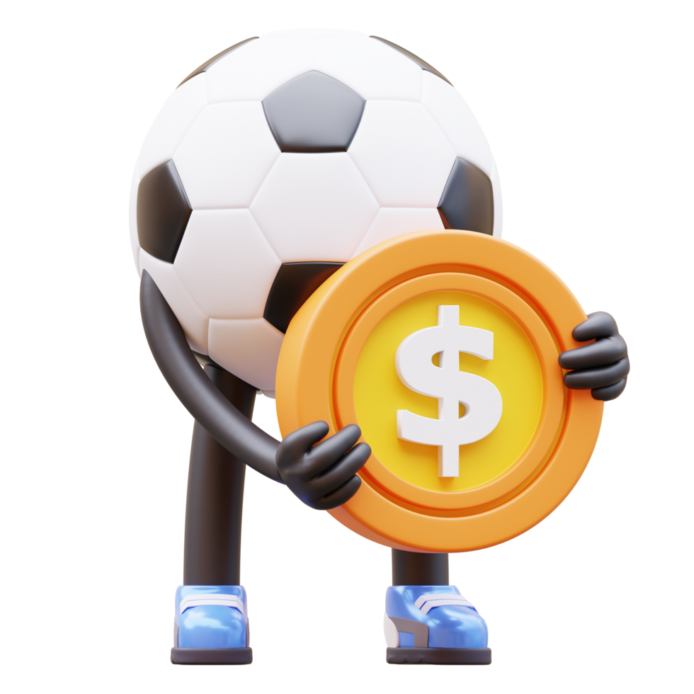 3D soccer ball character holding a coin with a dollar sign on it png