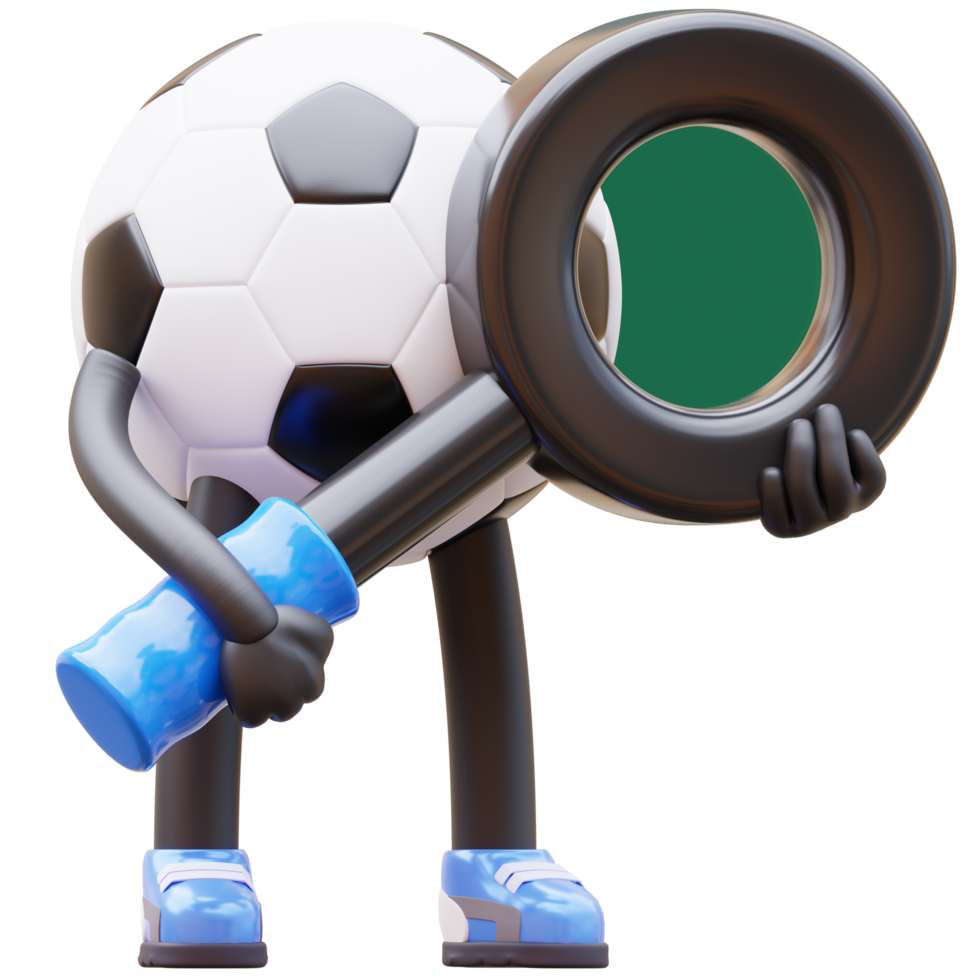3D cartoon soccer ball character with magnifying glass and a magnifying lens png