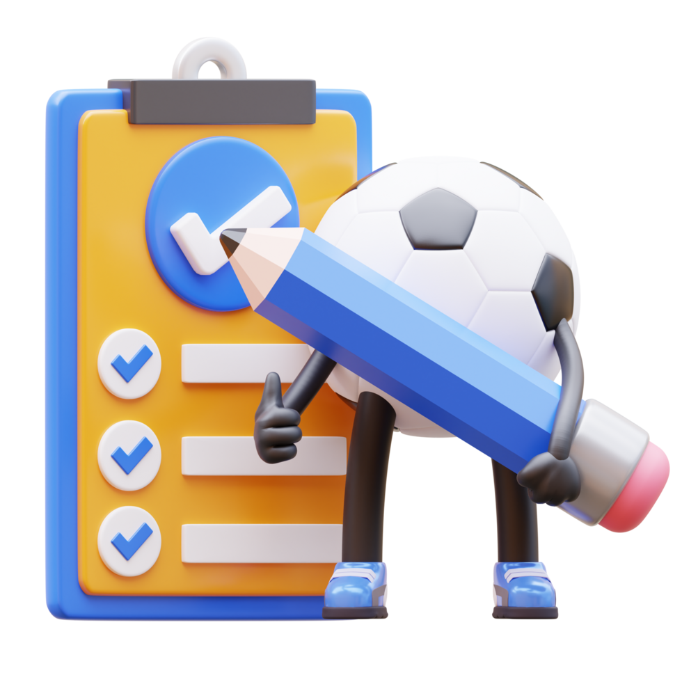 3D cartoon soccer ball character holding a pencil and a clipboard png