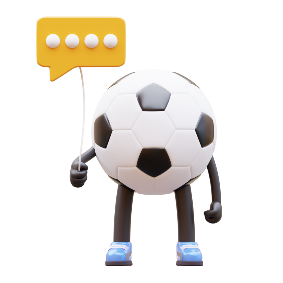 3d fútbol pelota personaje con un habla burbuja png