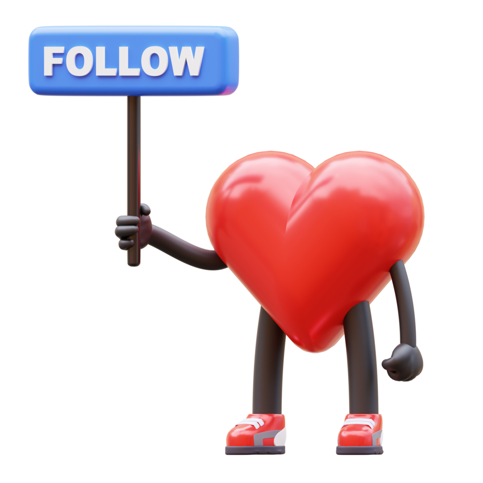 groovy vintage 3d heart character holding a follow sign. mascot 3d illustration png