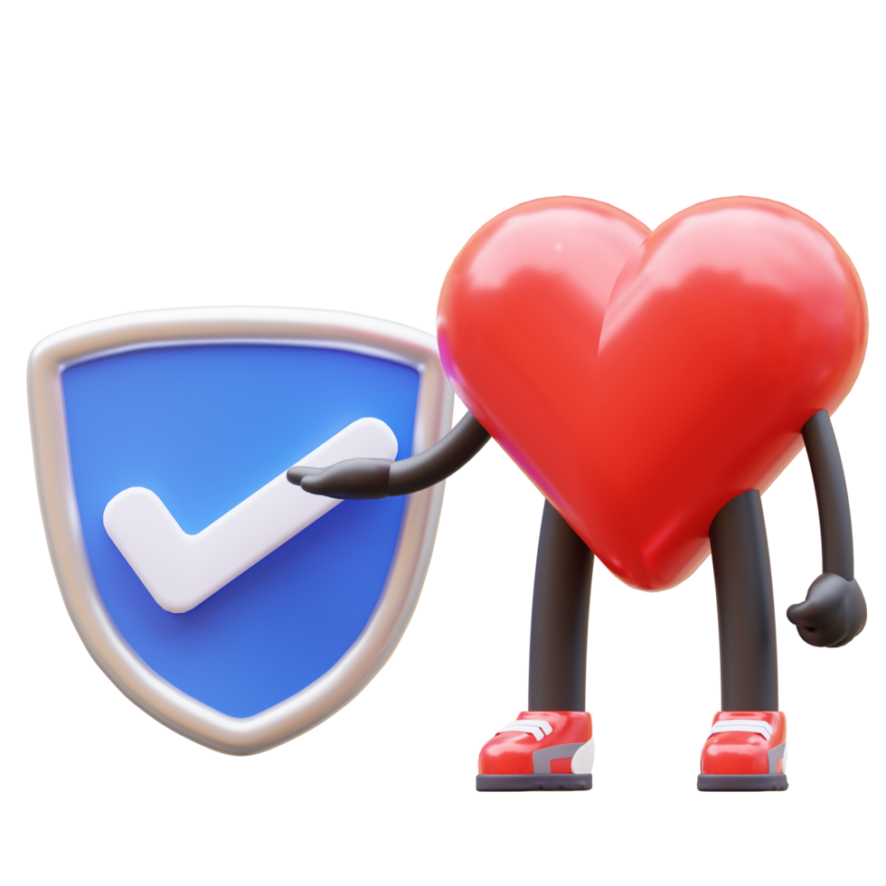 groovy vintage 3d heart character with a shield marked with a check mark. mascot 3d illustration png