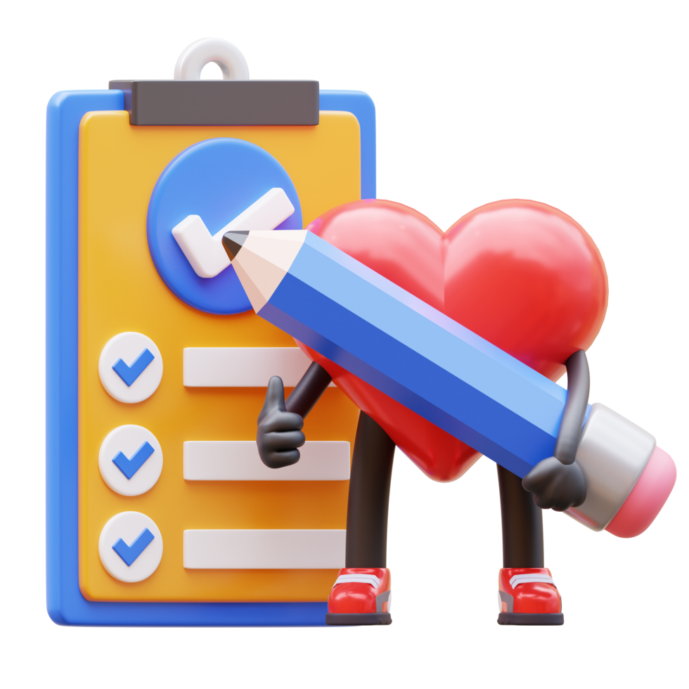 Groovy vintage heart character holding a pencil while checking a report checklist. mascot 3d illustration png