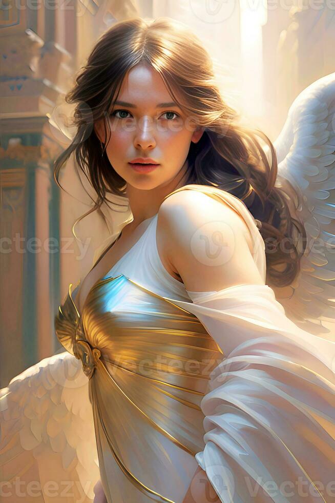 Beautiful young woman with angel wings. AI Generative photo