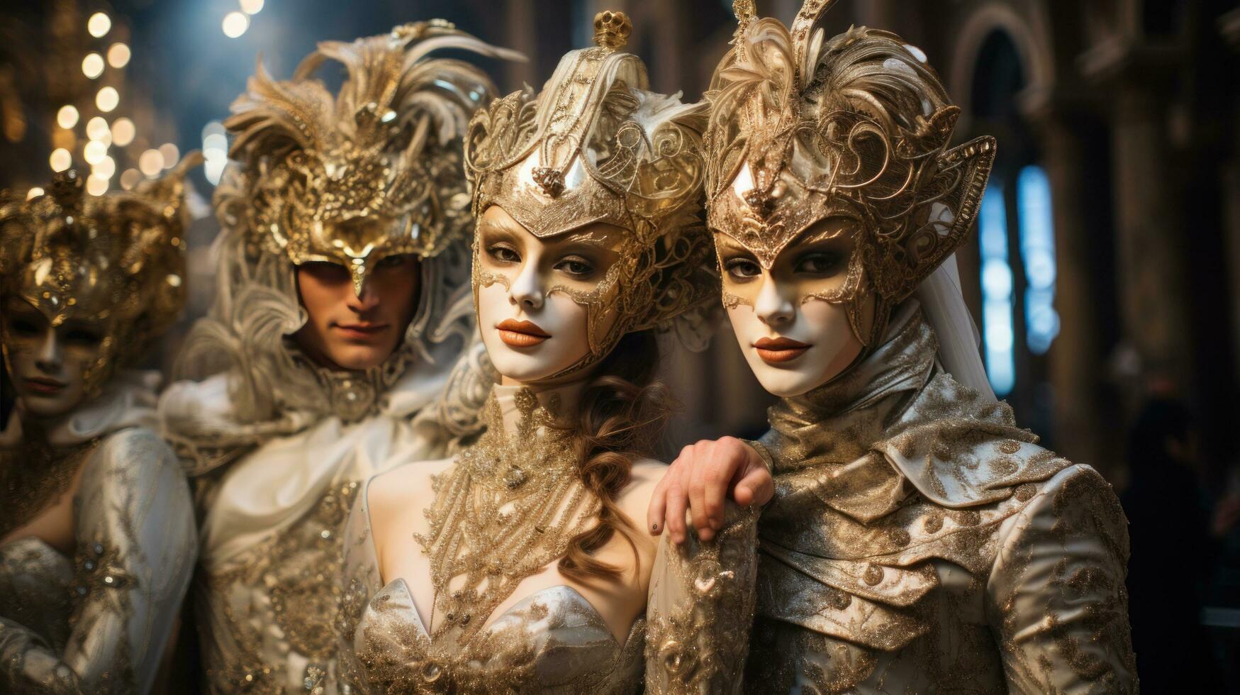 Masquerade ball at Venice Carnival with ornate masks and costumes