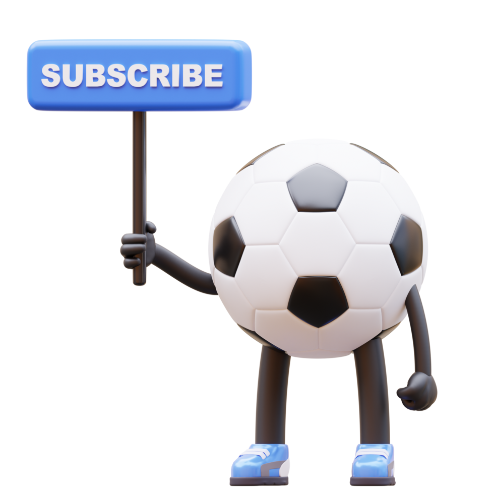 3D soccer ball character with a subscribe sign. png