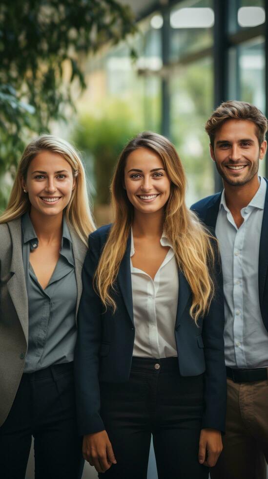 Happy team standing together in modern office photo