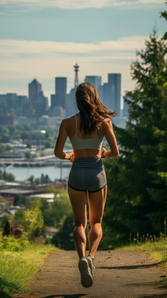 Woman jogging with city skyline in the distance photo