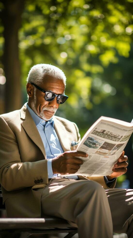 Man reading newspaper on a park bench photo