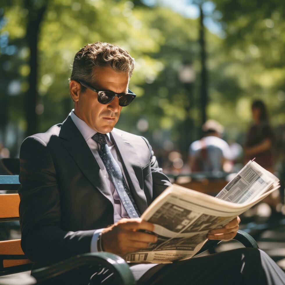 Man reading newspaper on a park bench photo