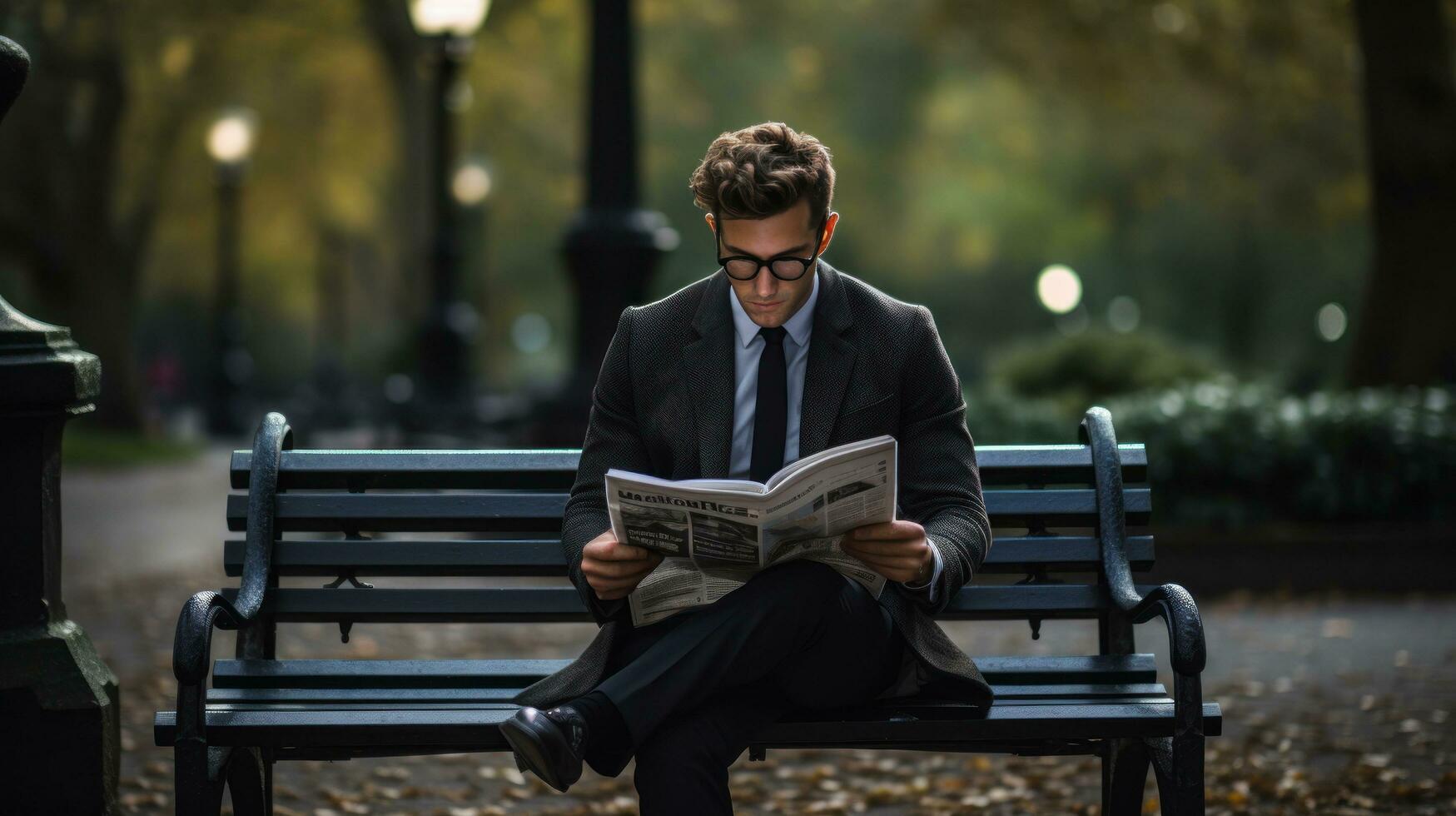 Man reading newspaper on a park bench photo