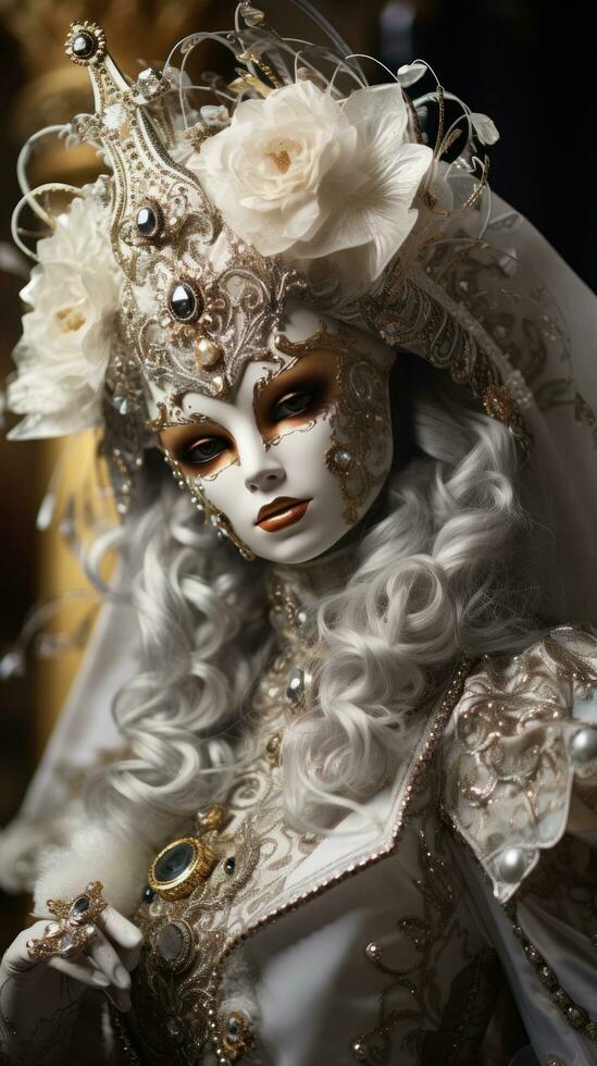 Masquerade ball at Venice Carnival with ornate masks and costumes photo