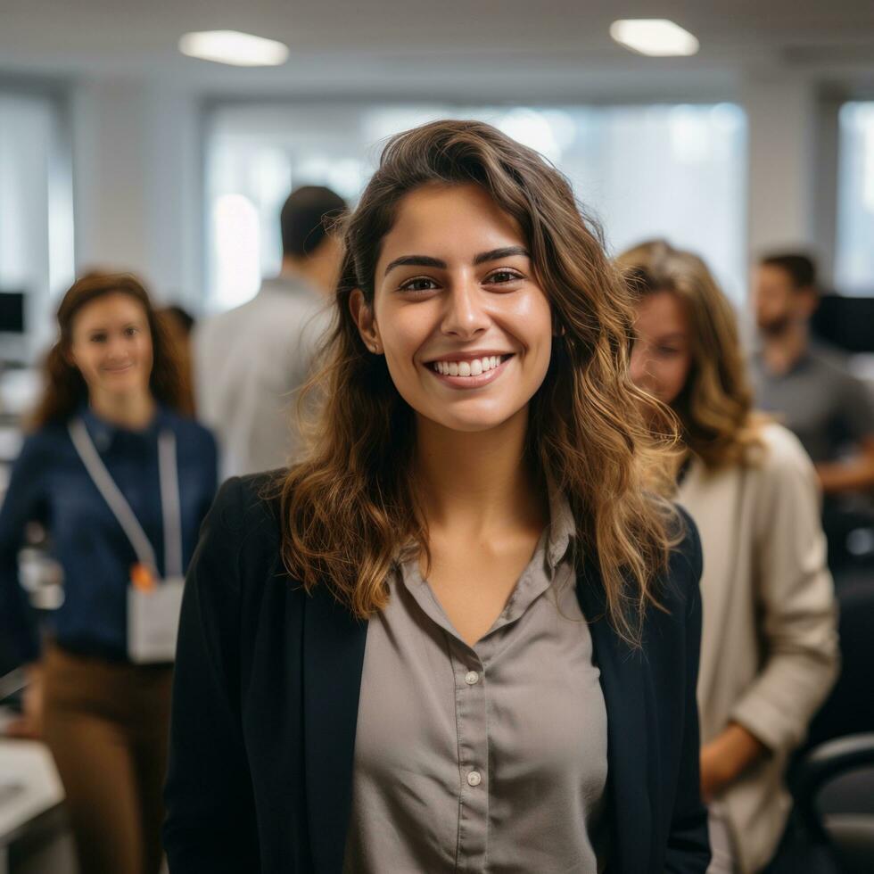 Woman smiling with coworkers in background photo