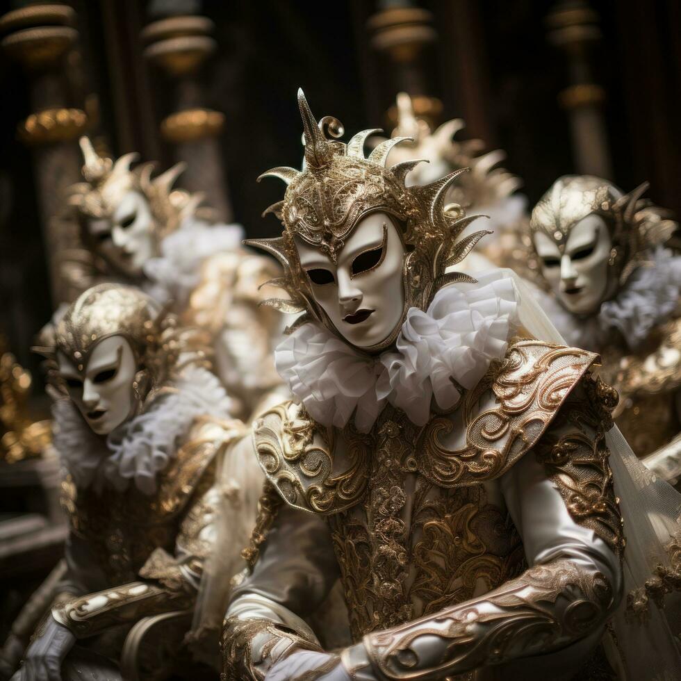 Masquerade ball at Venice Carnival with ornate masks and costumes photo