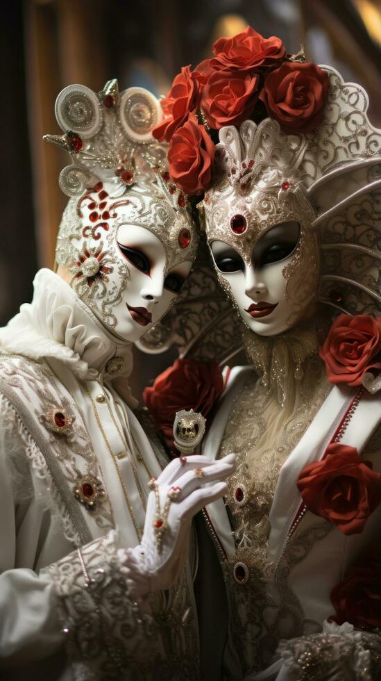 Masquerade ball at Venice Carnival with ornate masks and costumes photo