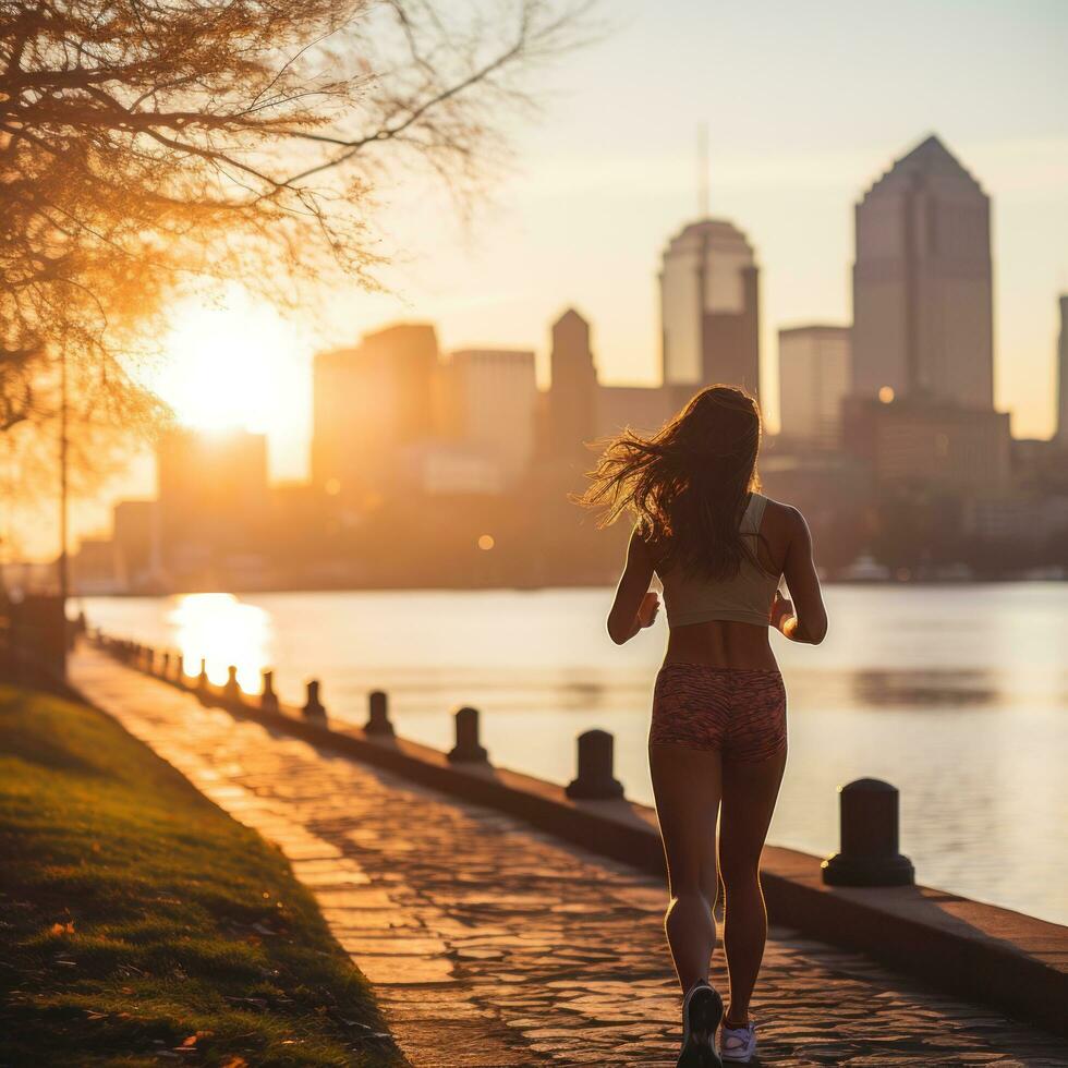 Woman jogging with city skyline in the distance photo