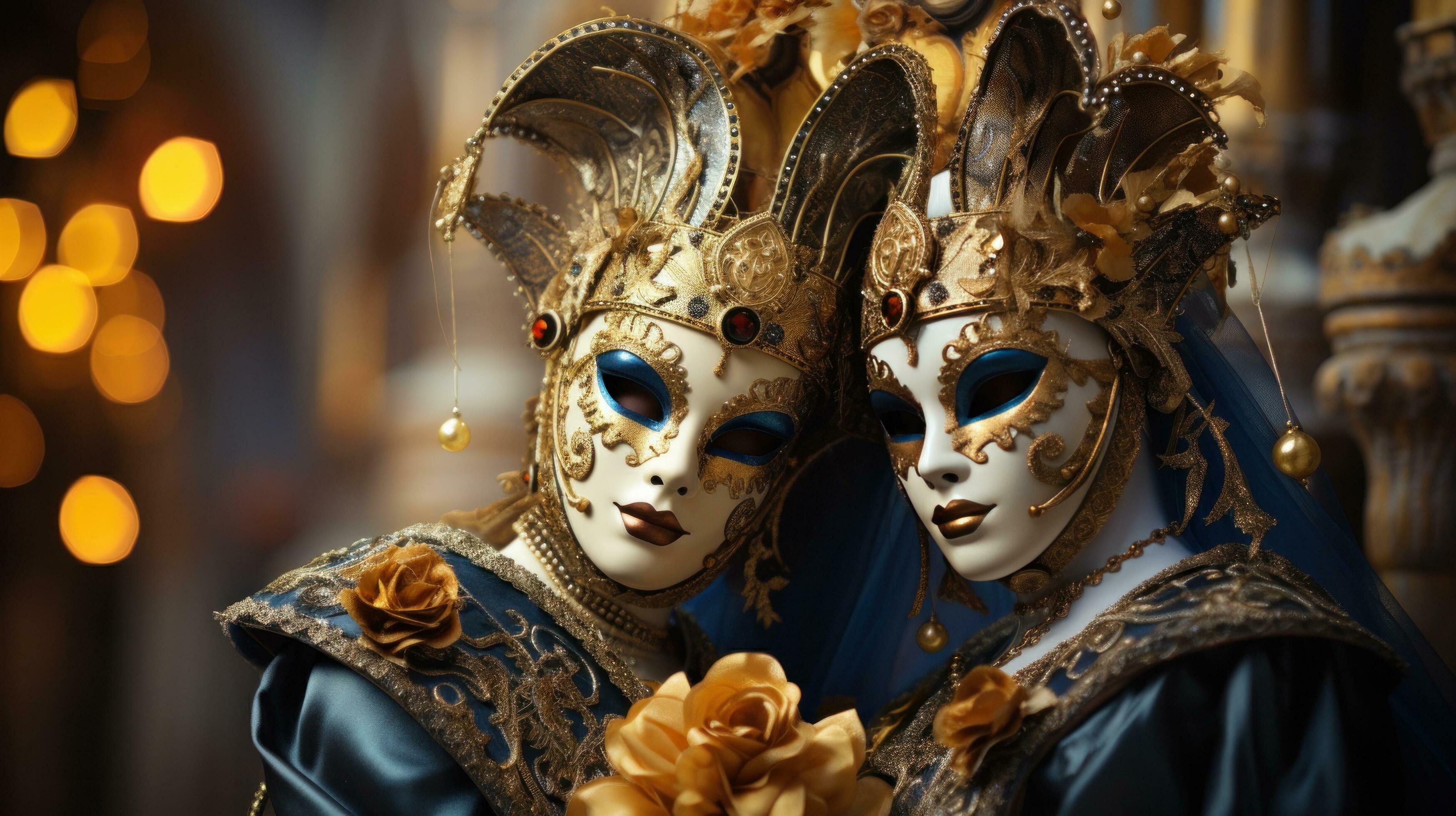 Masquerade ball at Venice Carnival with ornate masks and costumes
