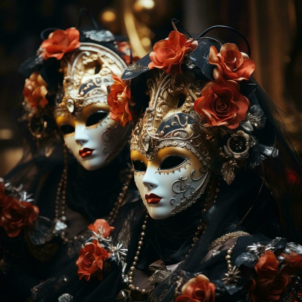 Masquerade ball at Venice Carnival with ornate masks and costumes photo