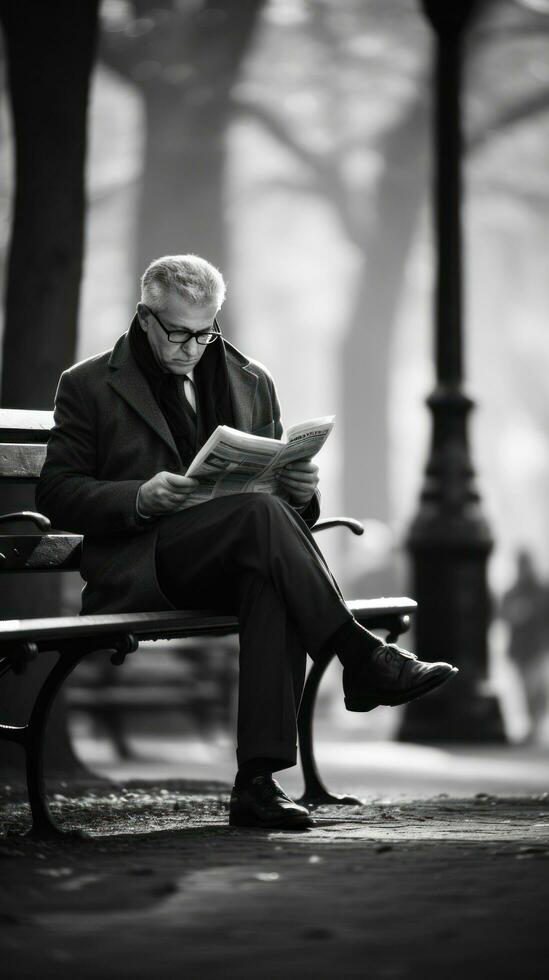 Man reading newspaper on a park bench photo