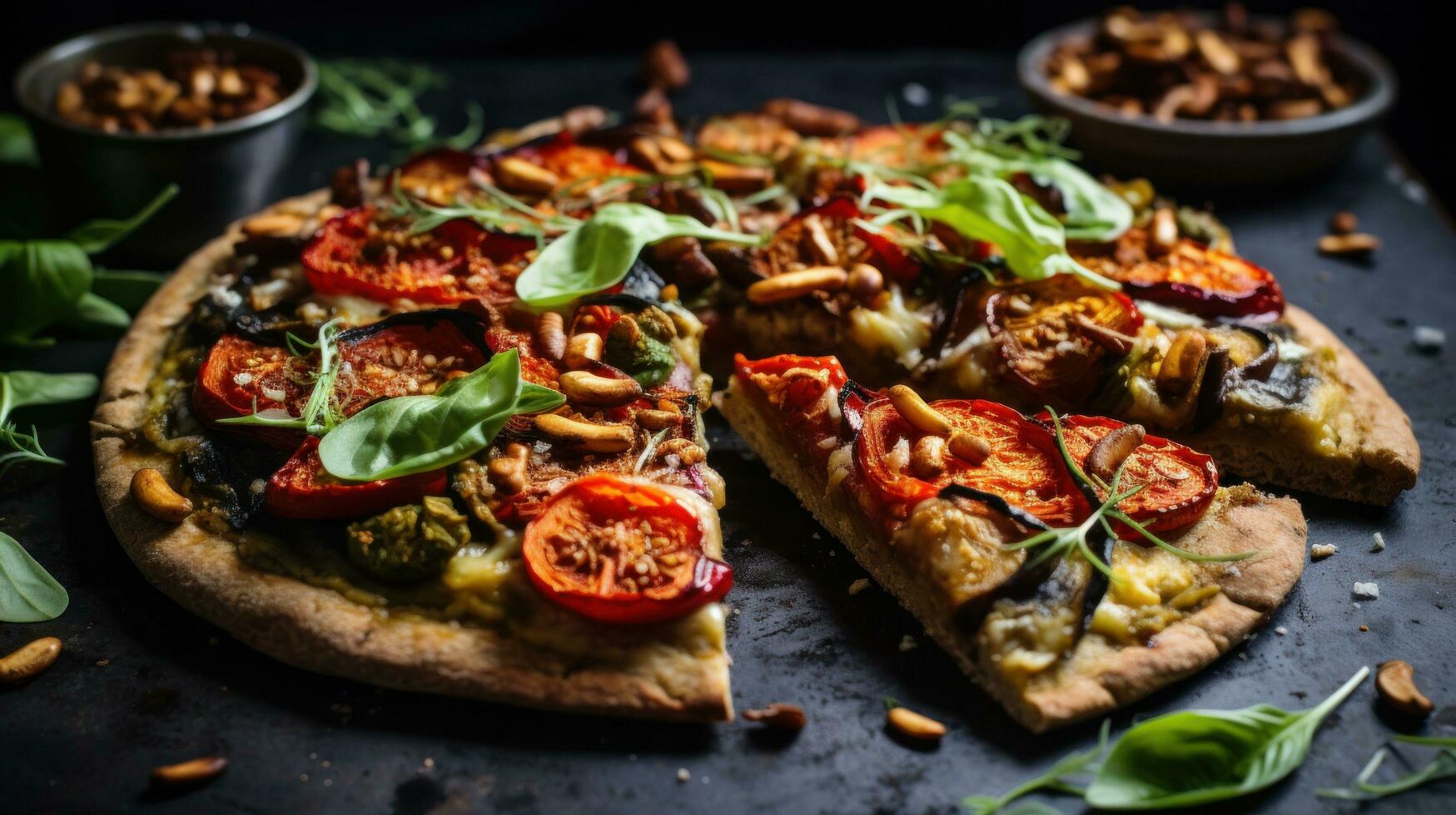 Vegan pizza. cheesy, crispy, and veggie-loaded photo