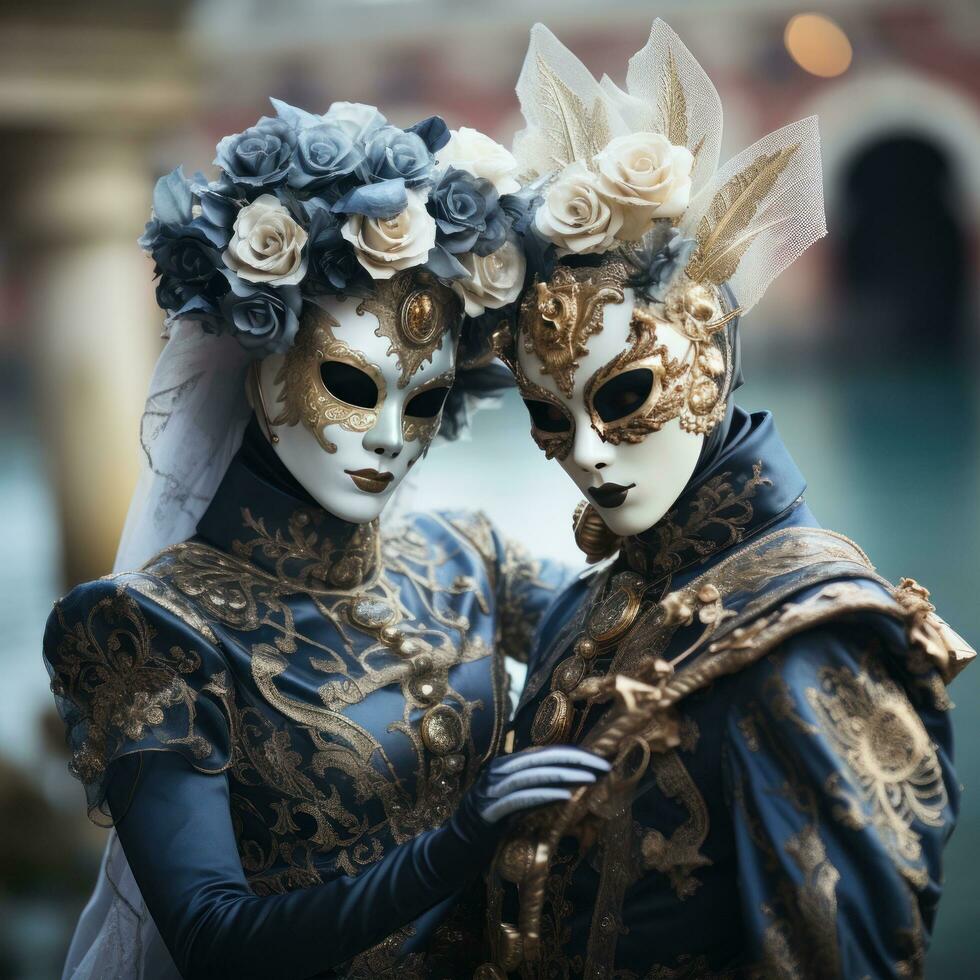 Masquerade ball at Venice Carnival with ornate masks and costumes photo