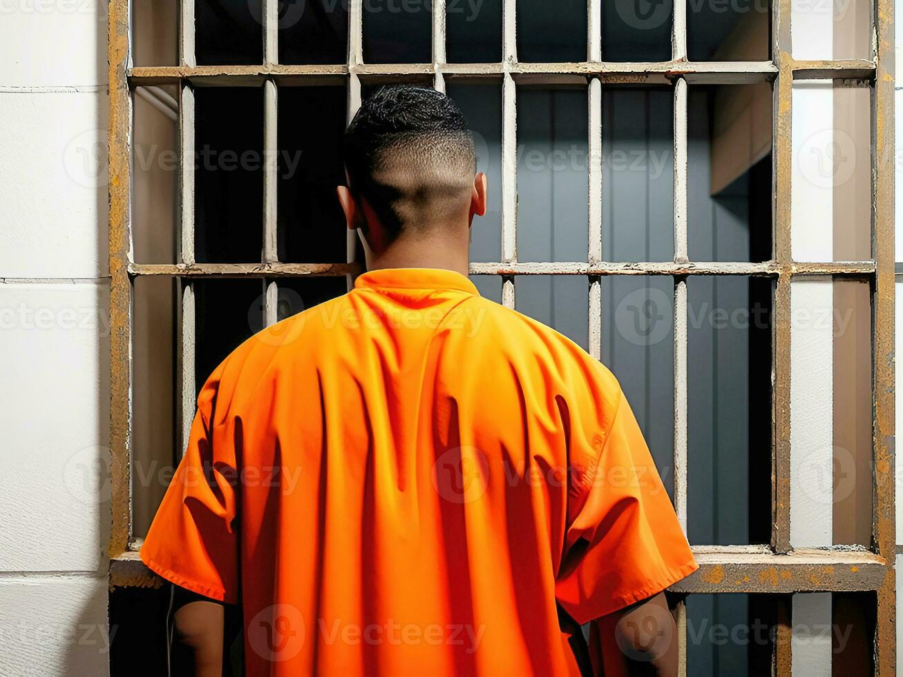 Prisoner in orange uniform standing in front of the jail bars. AI