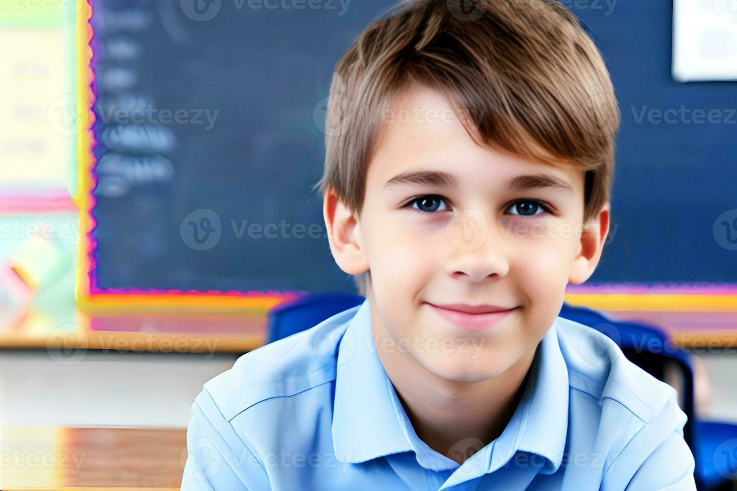 Portrait of smiling schoolboy sitting at desk and looking at camera. AI Generative photo