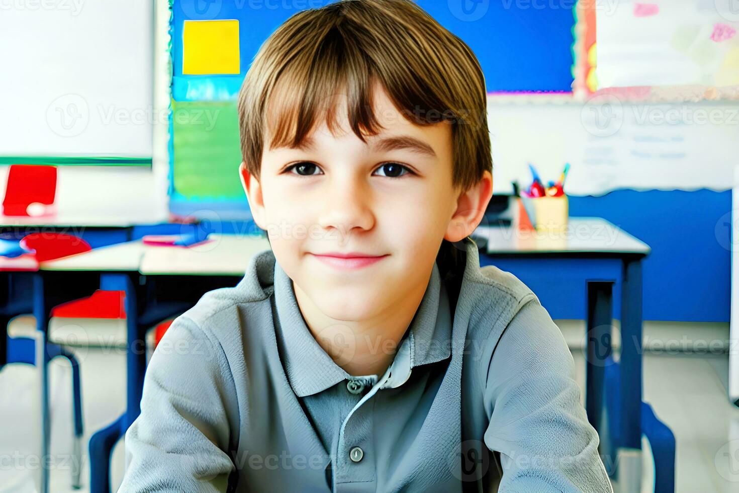 retrato de sonriente colegial sentado a escritorio y mirando a cámara. ai generativo foto