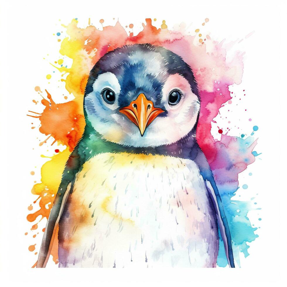 Colorful image of penguin, watercolor illustration isolated on white background. Generative AI photo