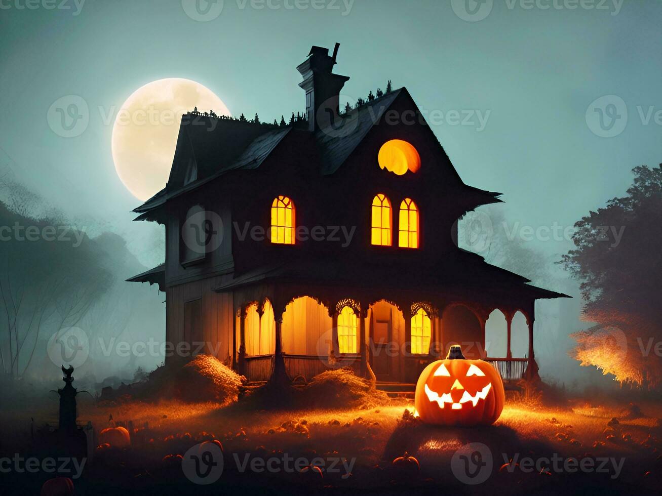 Halloween pumpkins in front of a haunted house on the background with autumn leaves. AI Generative photo