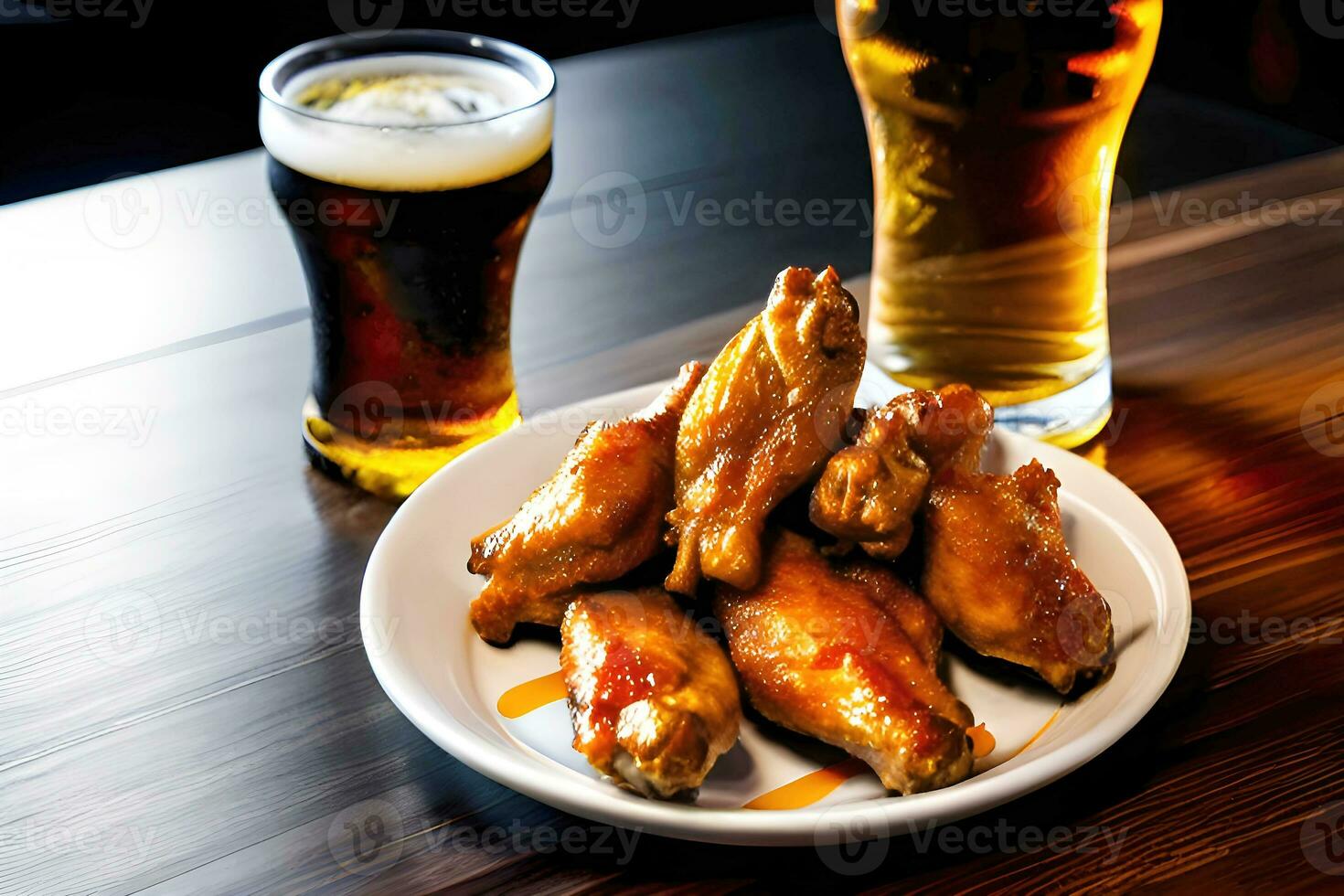 Grilled chicken wings with a glass of beer on a wooden table. AI Generative photo