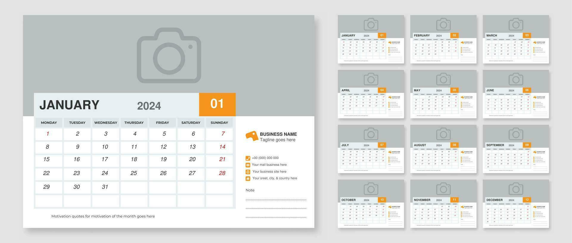 Landscape desk calendar in a minimalist style with Monthly calendar template for 2024 year for business vector