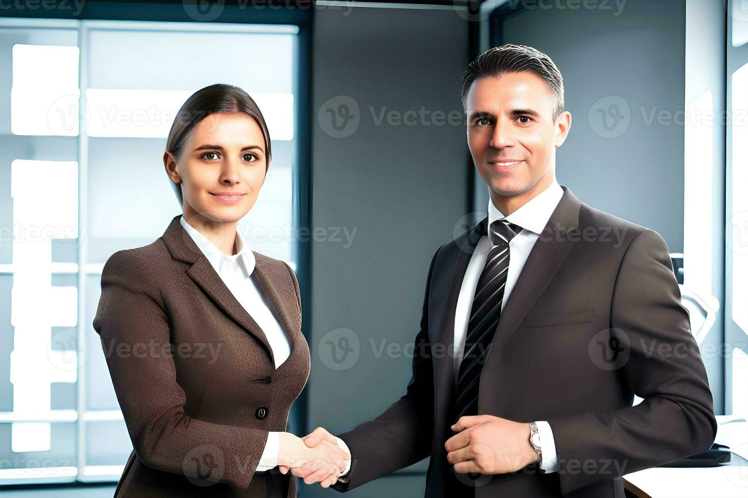 retrato de dos negocio personas sacudida manos en oficina. ai generativo foto