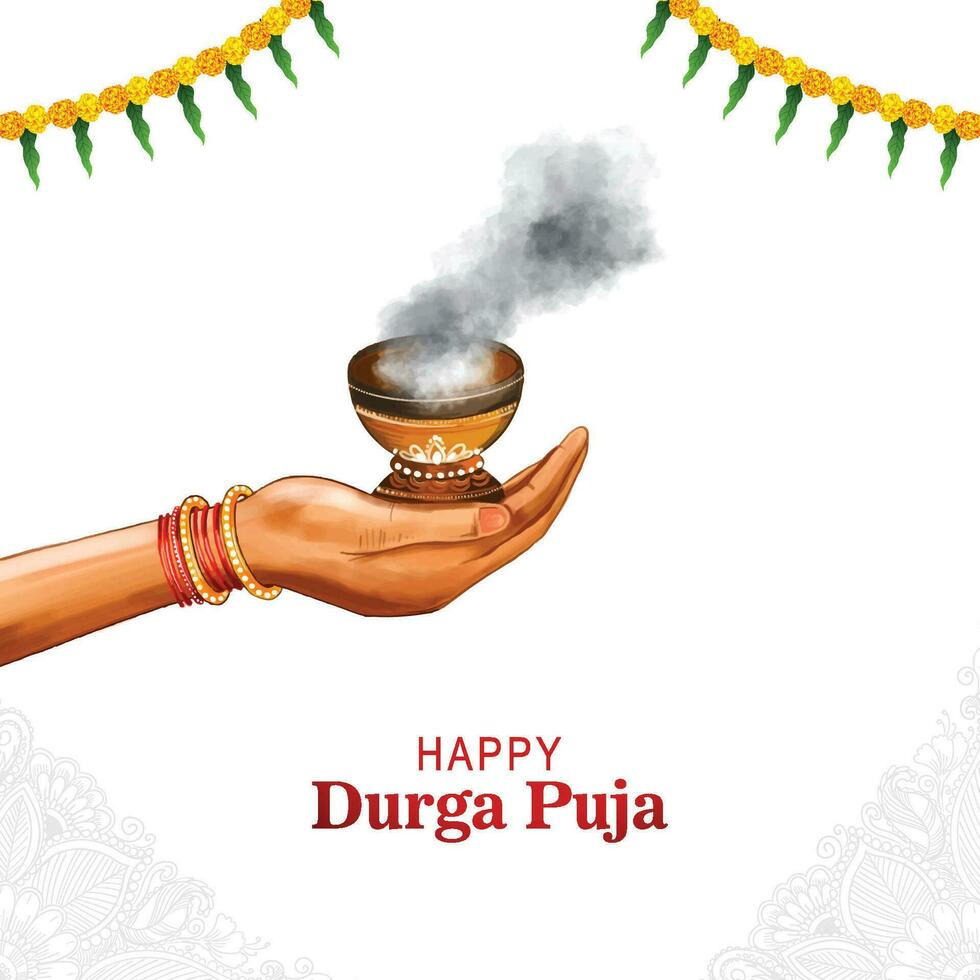 Happy durga puja clay dhunuchi with smoke indian puja festival background vector