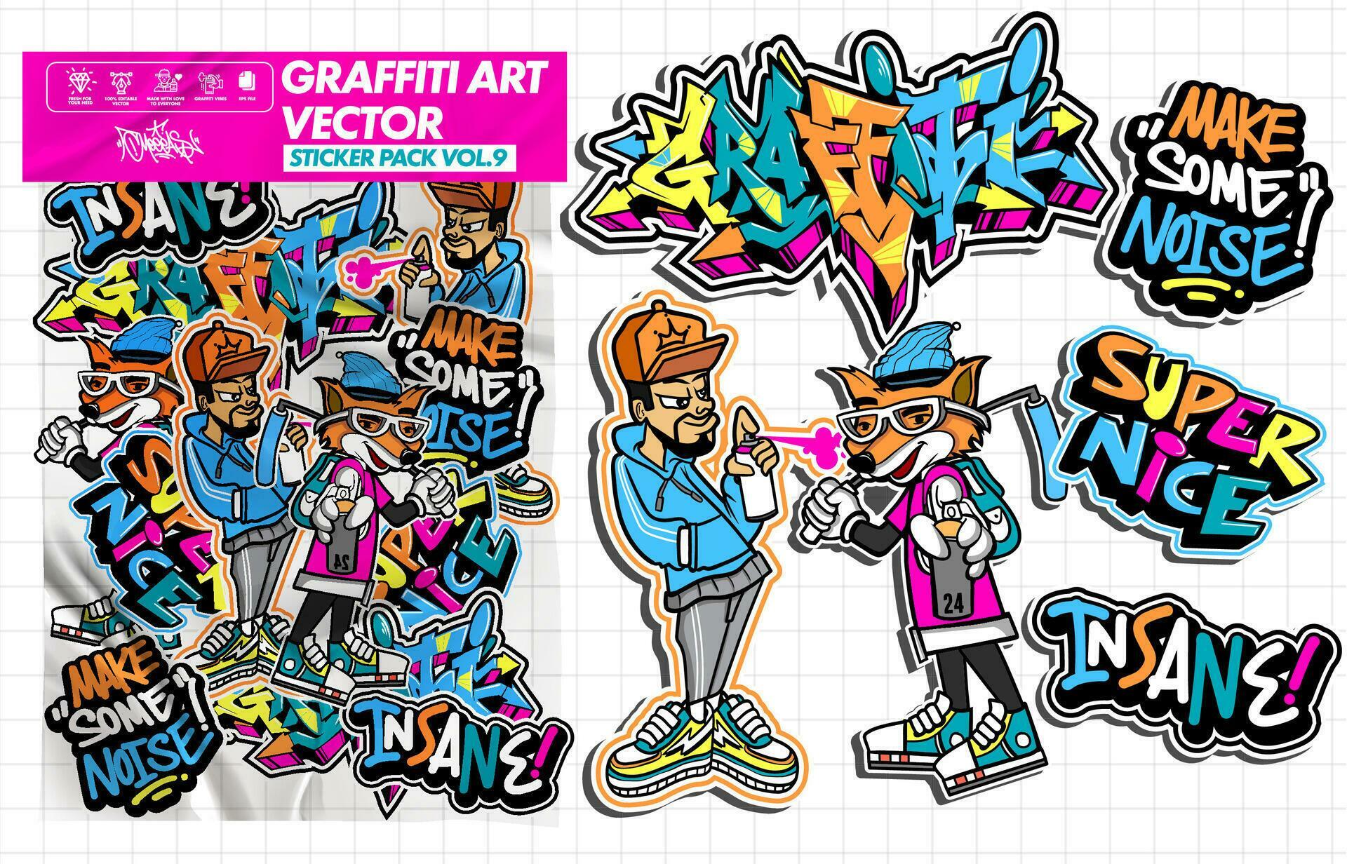 Graffiti art vector sticker illustration. Set of vector design with