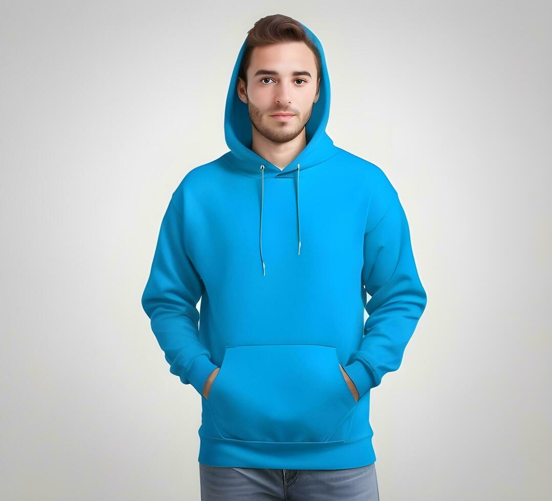 Young man wearing blank blue hoodie mockup print presentation mockup ai generate photo