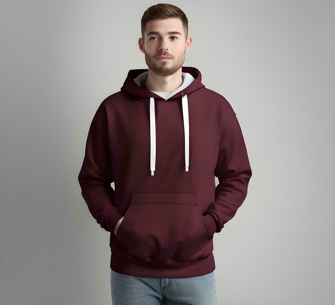 Young man wearing blank maroon hoodie mockup print presentation mockup ai generate photo