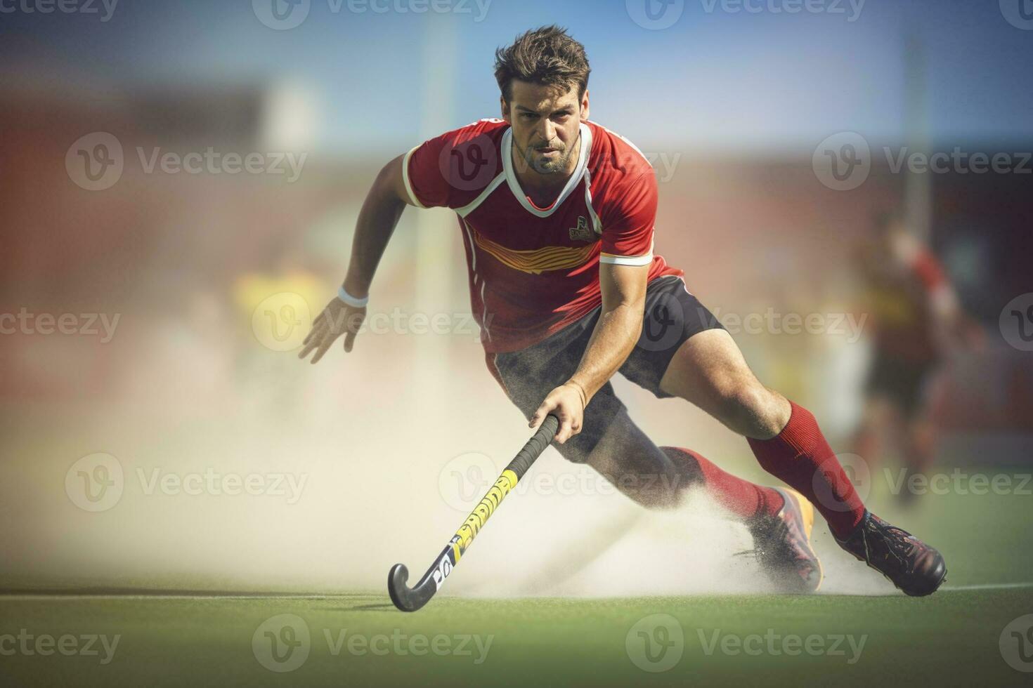 un masculino hockey jugador es jugando campo hockey foto