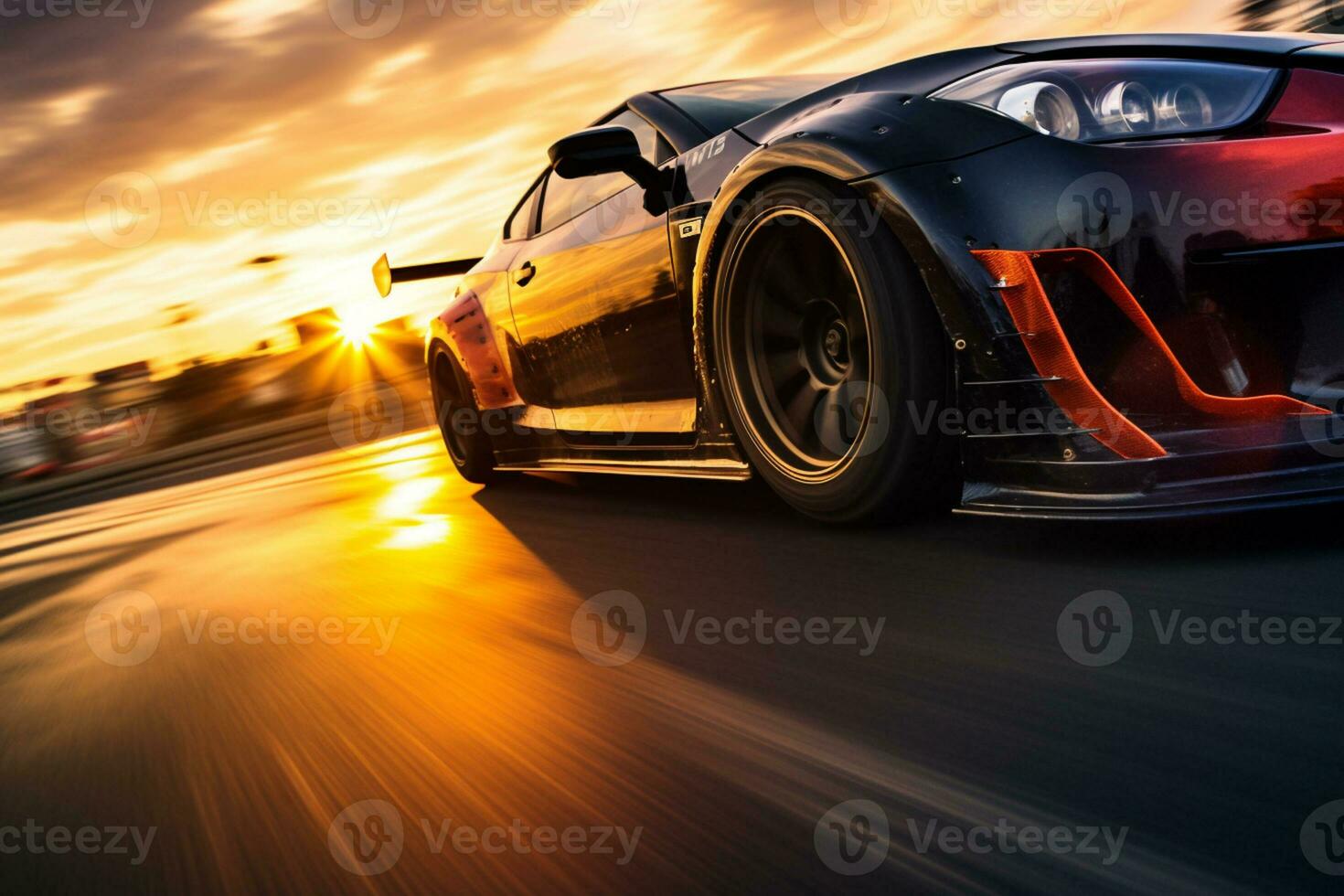 a racing car running at high speed on a race track photo