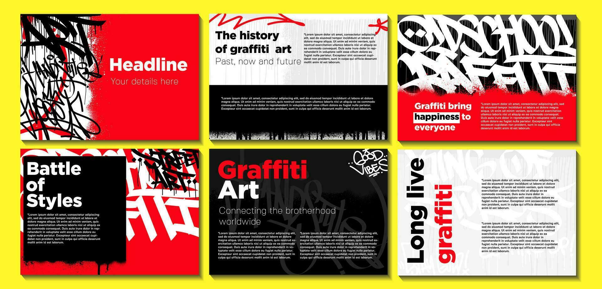 Graffiti poster or flyer design templates with colorful tags, grunge, scribblers and throw up. Hand-drawn abstract graffiti vector designs.