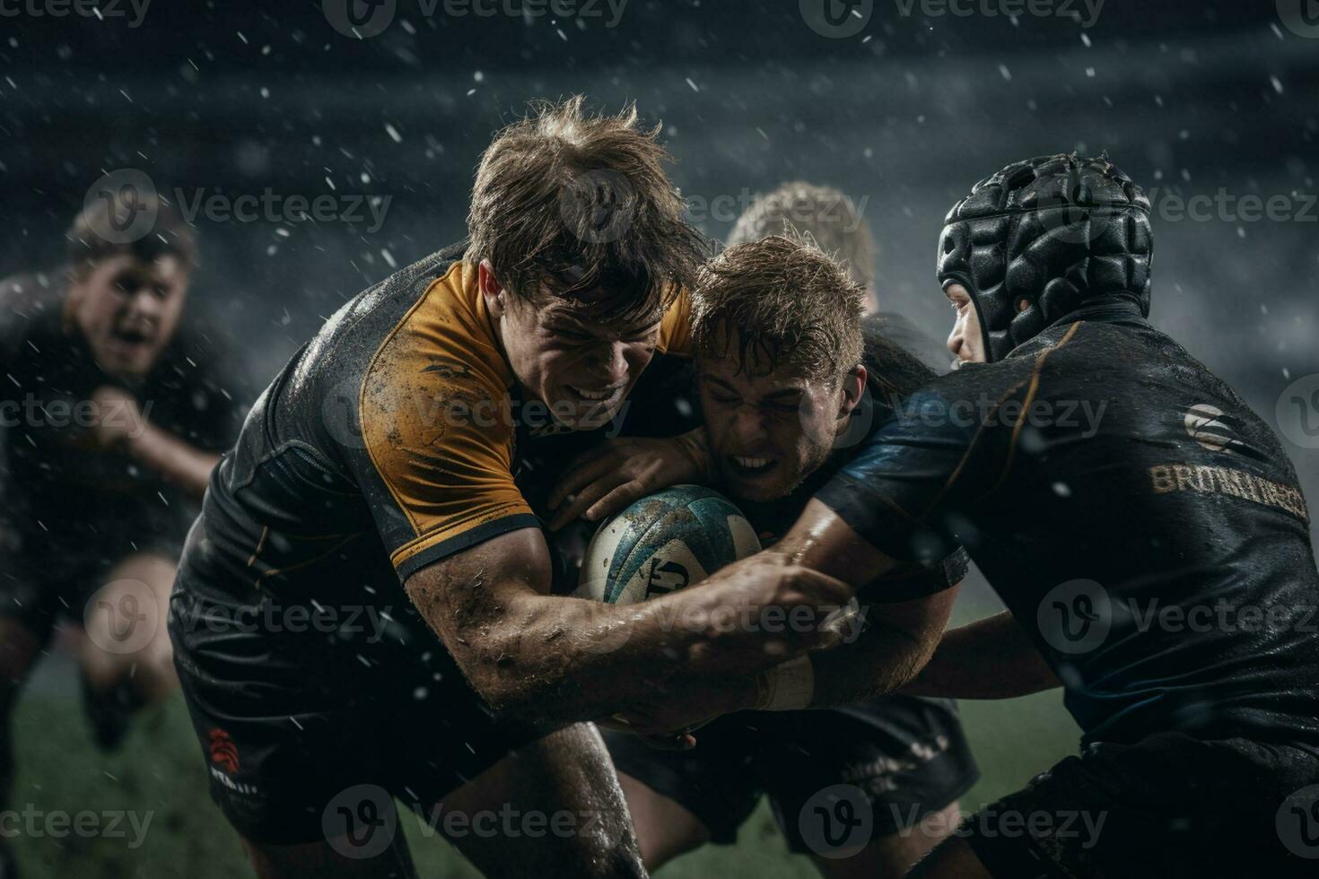 Male rugby players competing on the rugby field photo