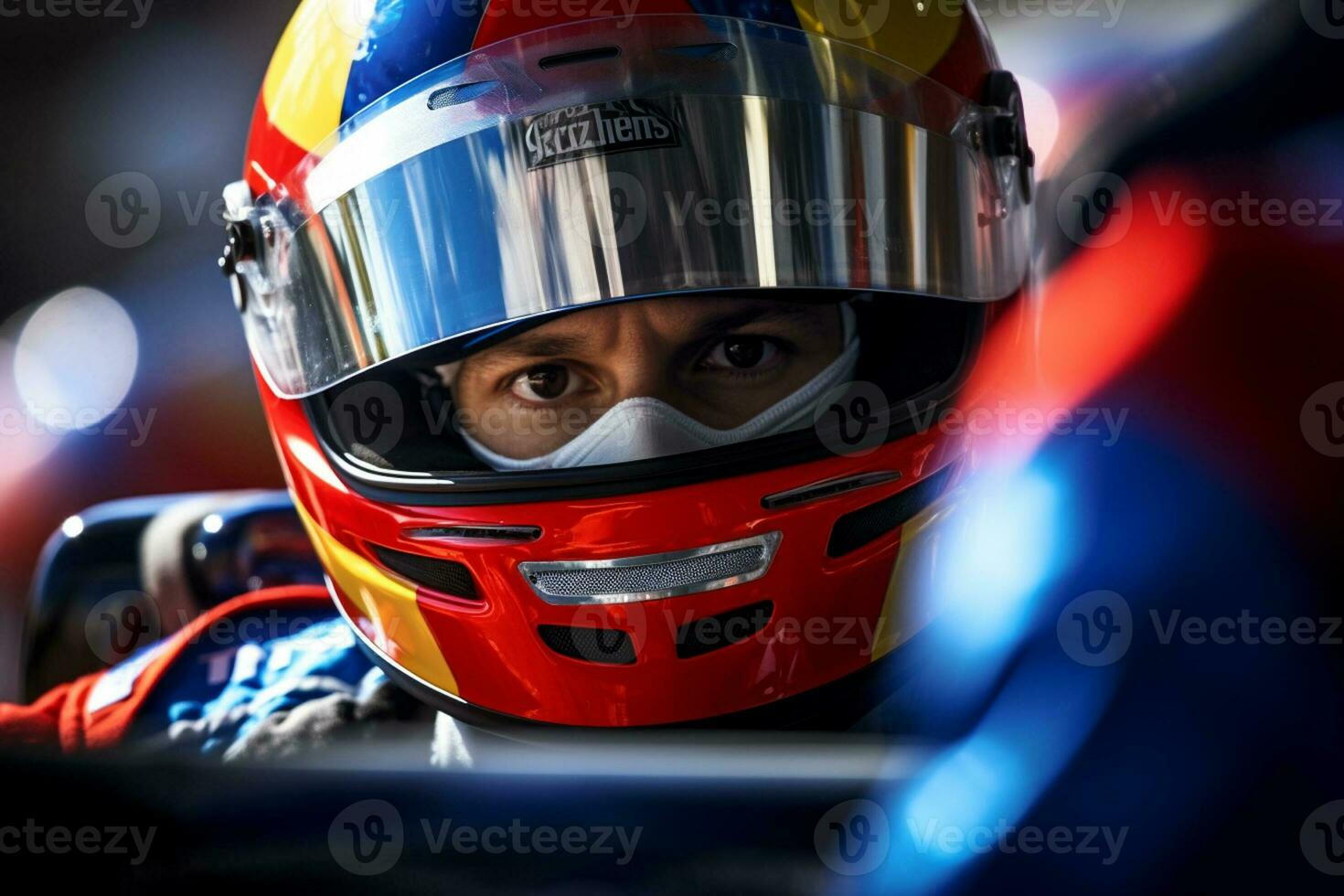 Racing car driver wearing helmet for competition photo