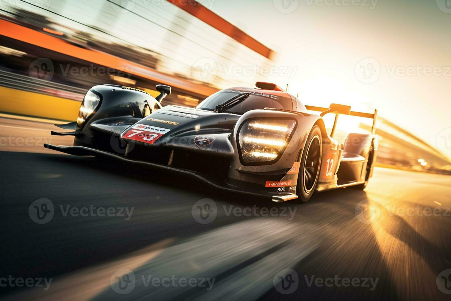 a racing car running at high speed on a race track photo