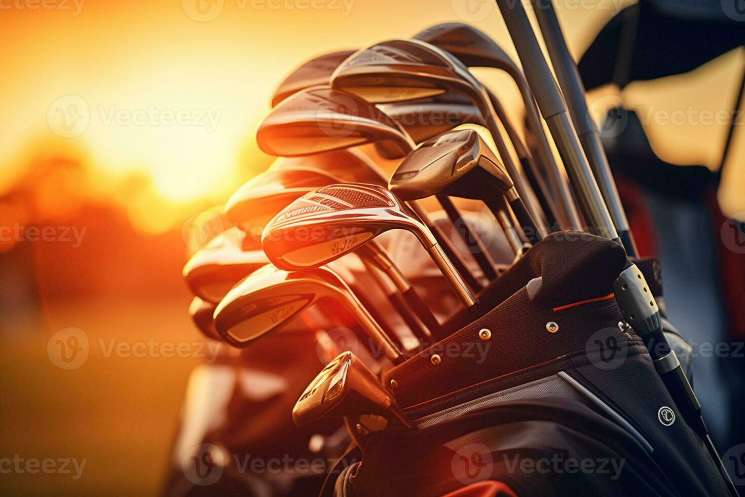 a golf bag with golf clubs on an open field at sunset photo