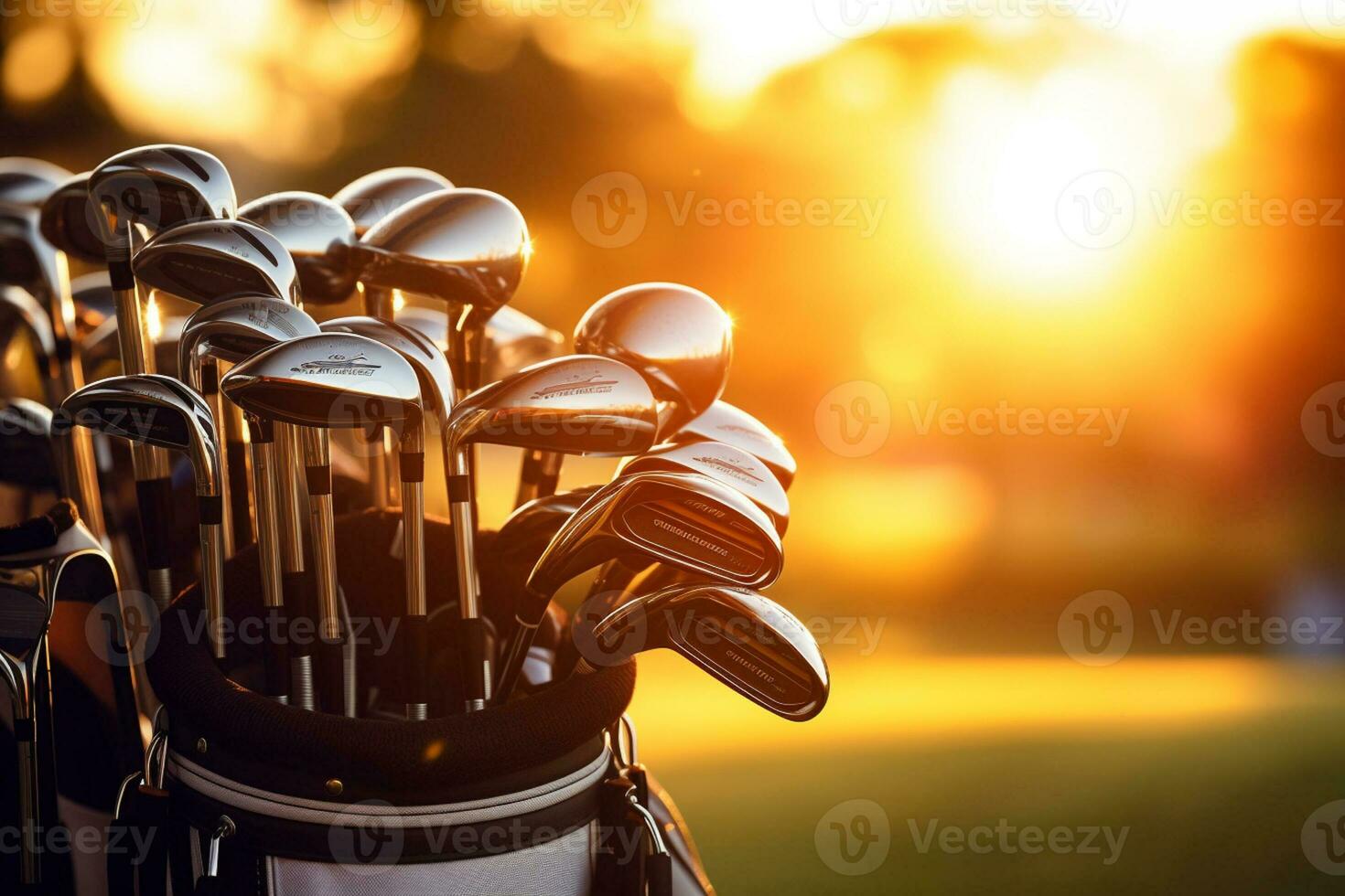 a golf bag with golf clubs on an open field at sunset photo