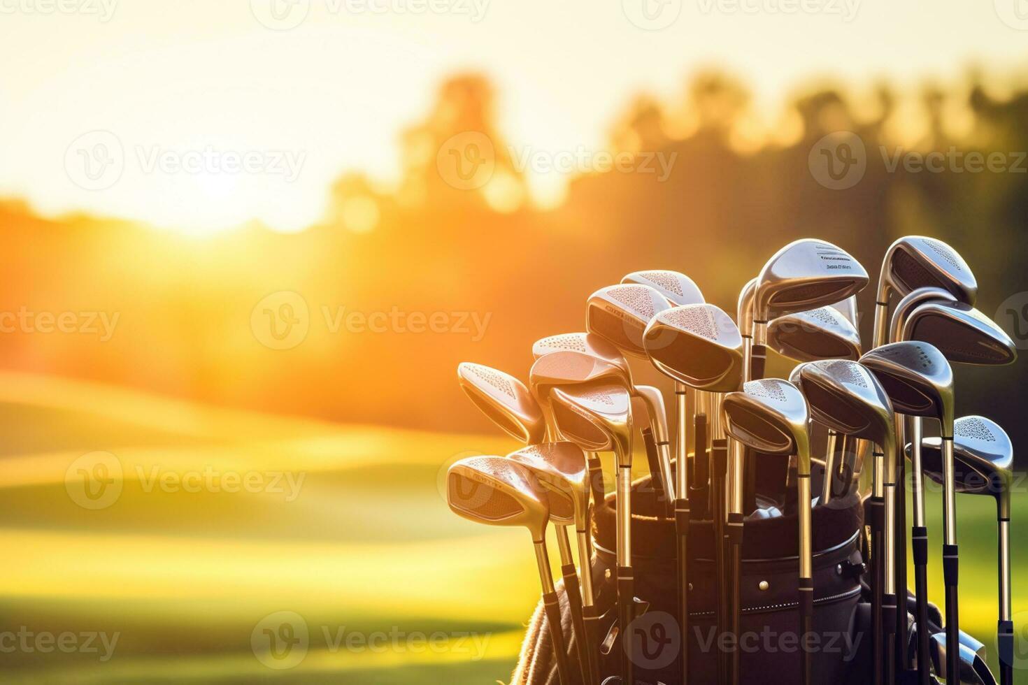 a golf bag with golf clubs on an open field at sunset photo