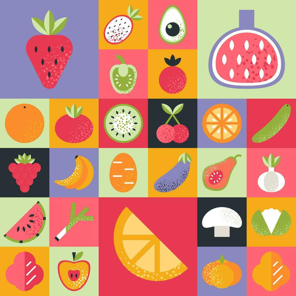 Abstract geometric pattern with various fruits and vegetables in Bauhaus style. Retro grid background. Vintage multicolor mosaic tile with geometric shapes. Texture for textile, web, menu, restaurant vector