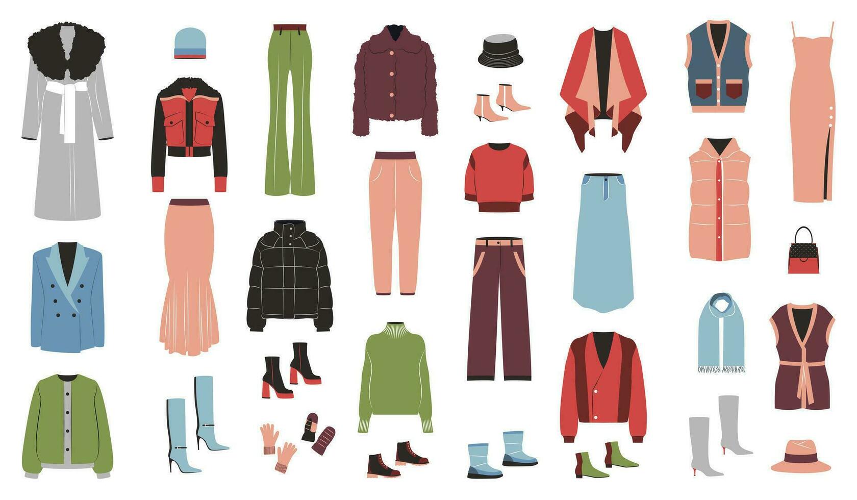Winter clothing, garments and accessories set. Female apparel, dresses, pants, shoes, gloves, coats, sweaters, hats in casual style. Flat graphic vector illustrations isolated on white background