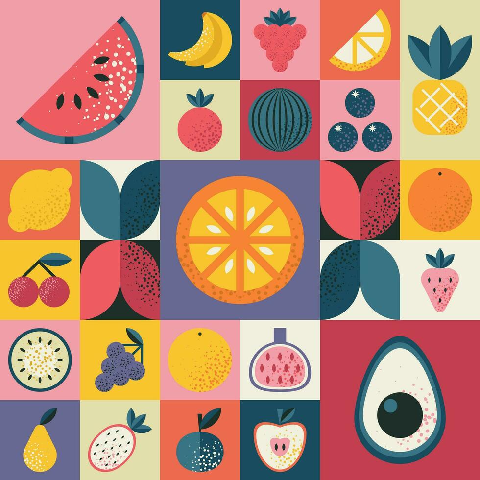 Abstract geometric pattern with various fruits in Bauhaus style. Retro grid background. Vintage multicolor mosaic tile with geometric shapes. Texture for textile, cover, web design, menu, restaurant. vector