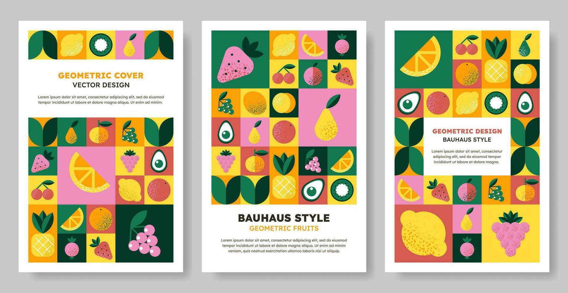 Set of vertical abstract geometric pattern background in Bauhaus style with various fruits and berries. Colorful vector design template for cover, poster, brochure, banner, menu. Retro illustration.